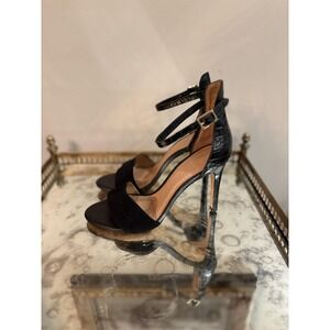 Joie Shoes Womens Size 6 Black Suede Croc Embossed Ankle Strap Heels Stiletto